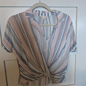 Women's Relaxed Stripped Marine Short Sleeve Tie Front Crop Shirt Size Small